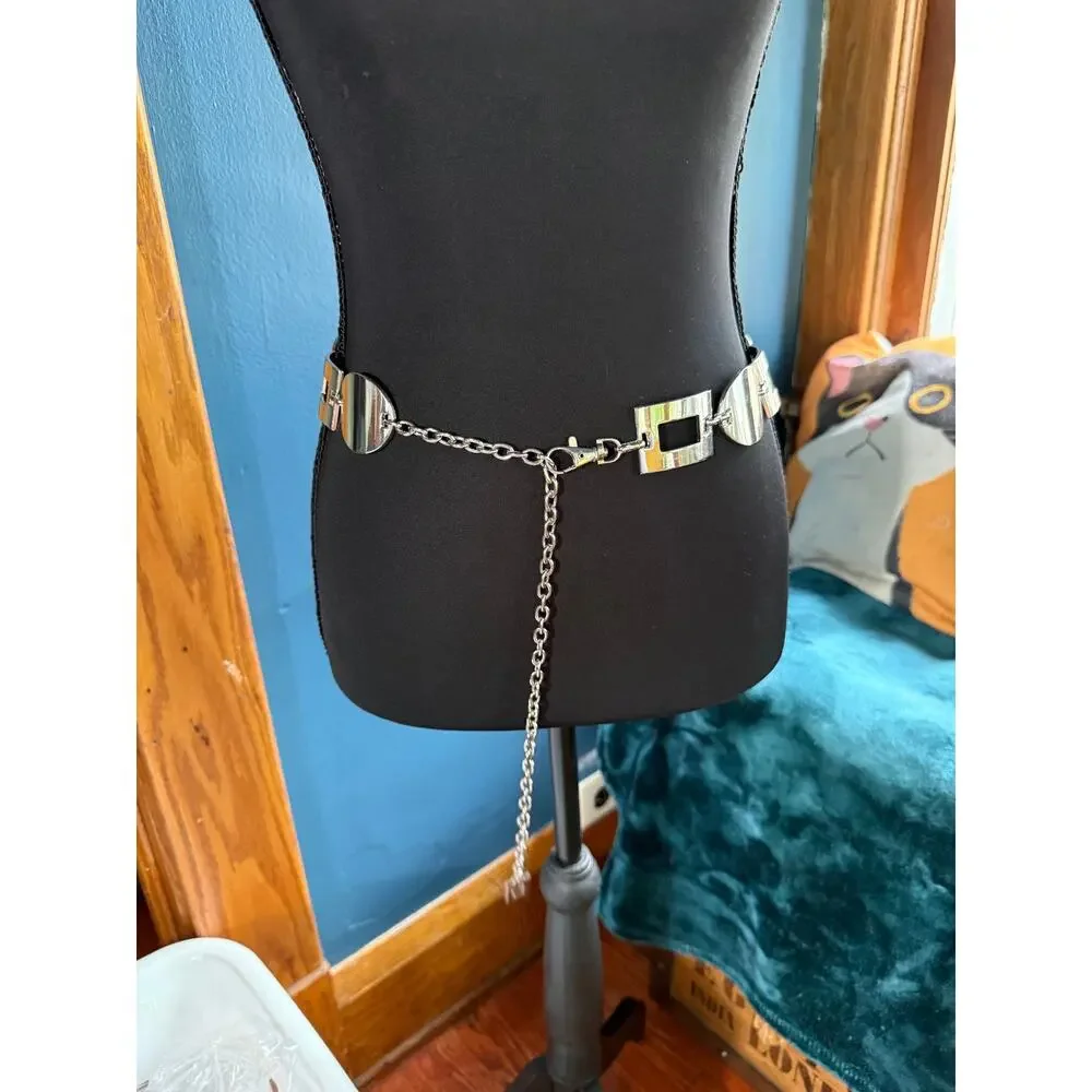Y2K vintage geometric silver-tone metal chain link waist belt retro boho 2000s
